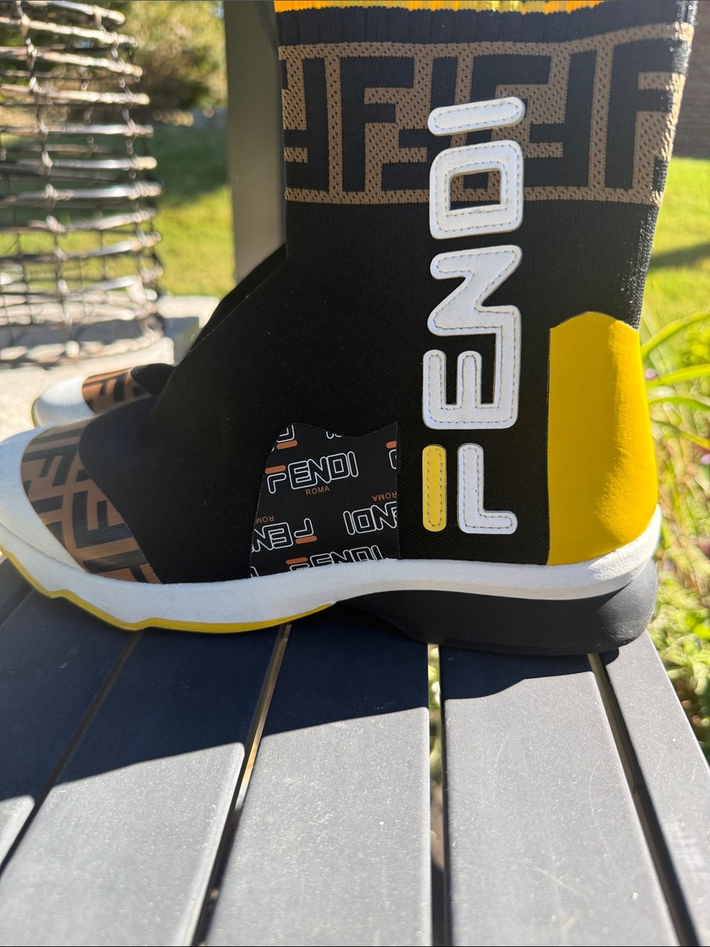 Fendi Black Yellow Logo Knit High-Top Sock Sneaker